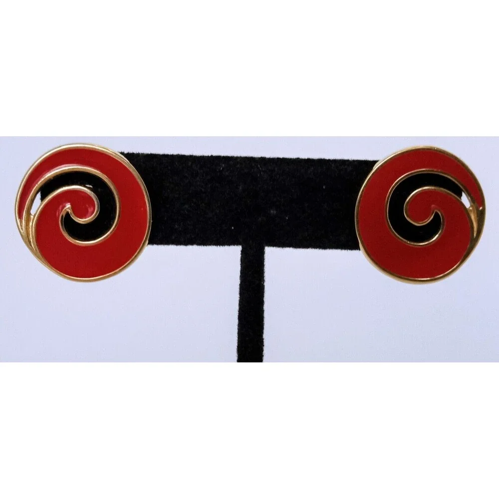 Vintage Monet Goldtone Red Enamel Swirl Post Earrings - Picture 3 of 8